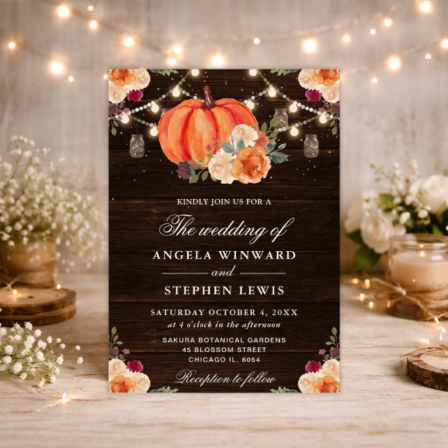 Convites Abóboras Laranja Outono Rústico Casamento Floral (Criador carregado)