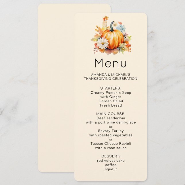 Convites Abóboras Laranjas e Flores Menu de Outono (Frente/Verso)