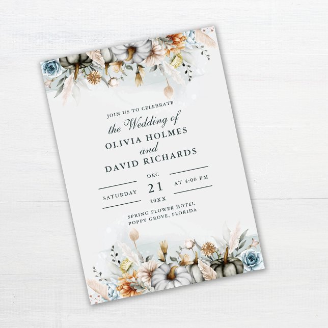 Convites Abóboras no Casamento de Prado de Flores Silvestre (Pumpkins on Wildflower Meadow Wedding Invitation on white wooden table)