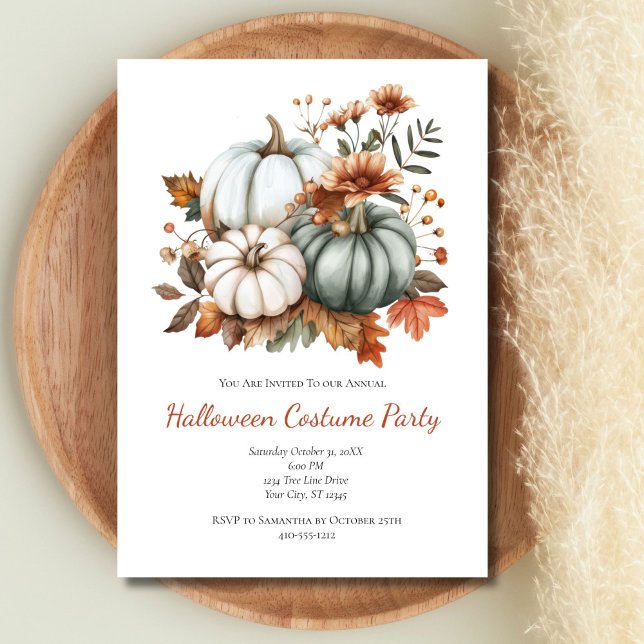 Convites Abóboras Outono Flores de Outono Festa de Hallowee (Pastel Green White Pumpkins Fall Autumn Leaves Flowers Halloween Party invitation. Printed Digital)