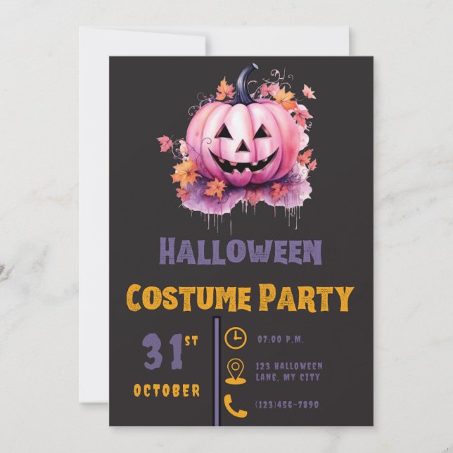 Convites Abóboras Rosa e Folhas Negras de Halloween (Frente)
