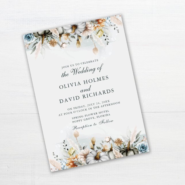 Convites Abolhas de Abóbora com Flores Silvestres Casamento (Watercolor Pumpkins with Wildflowers Wedding Invitation on white wooden table.)