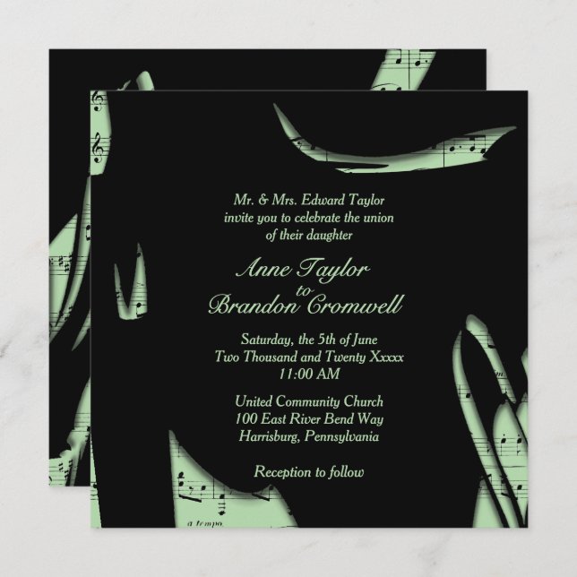Convites Abstract Black and Green Music Wedding Invitation (Frente/Verso)
