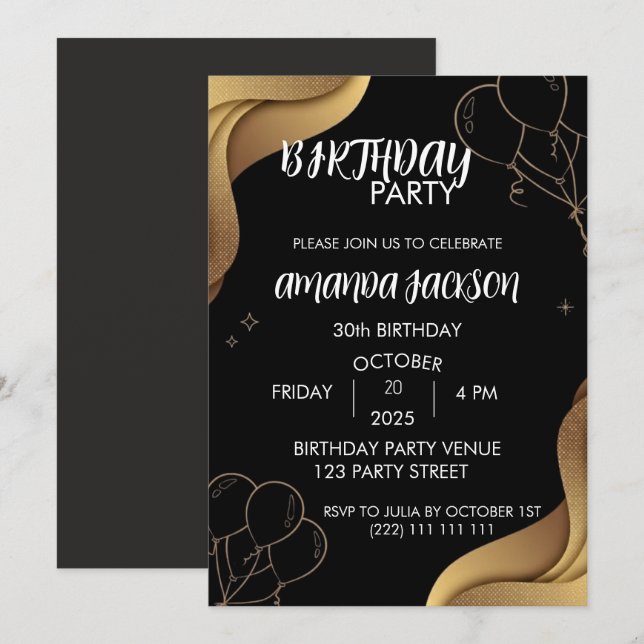 Convites Abstract Black Gold 30th Birthday Invitation (Frente/Verso)