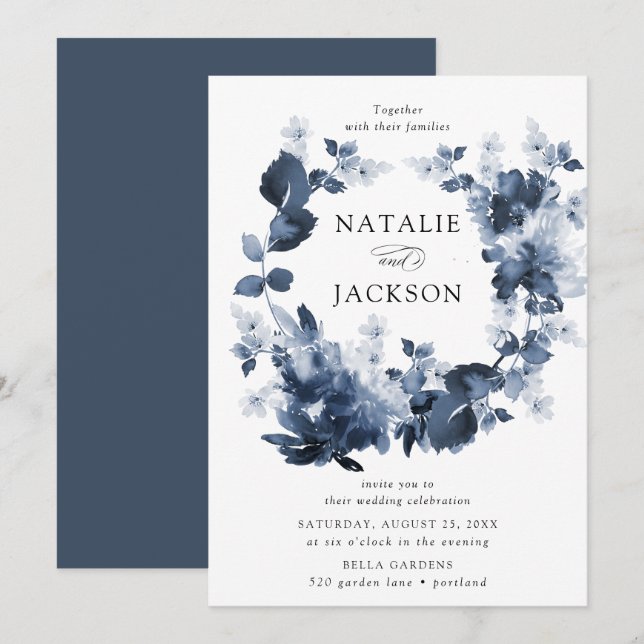 Convites Abstract Indigo Floral | Casamento (Frente/Verso)