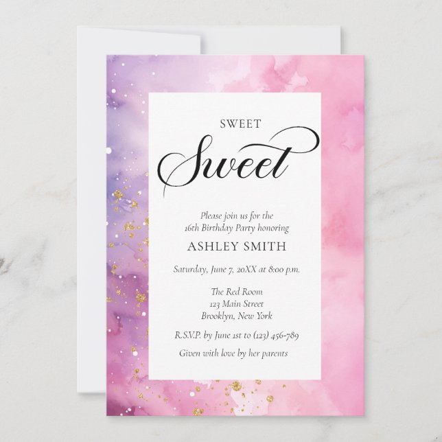 Convites Abstract Pastel Pink Purple Sweet 16 Birthday (Frente)