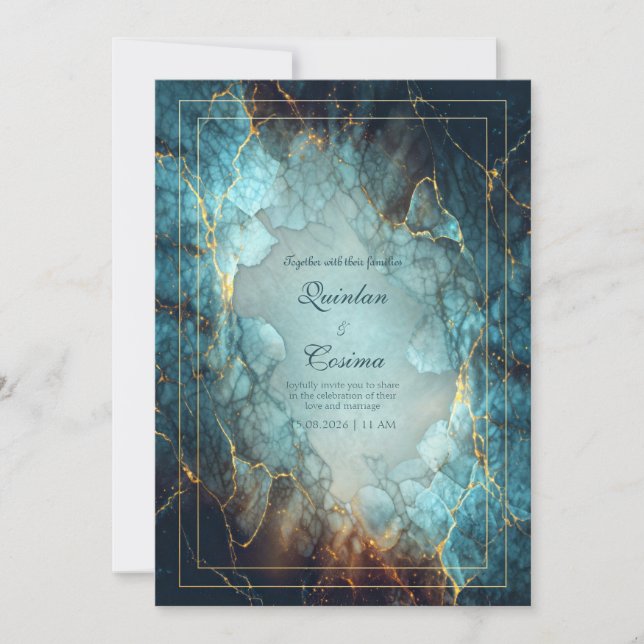 Convites Abstract Teal Turquoise Gilded Geode Wedding (Frente)