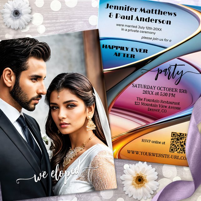 Convites Abstrato Art Feliz Depois Da Foto De Casamento (Happily ever after or elopement photo wedding invitation with a bold colored modern art abstract)