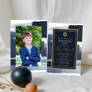 Convites Abstrato Blue Gilded Photo Bar Mitzvah