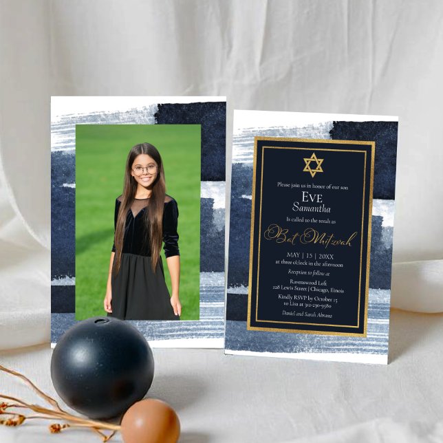 Convites Abstrato Blue Gilded Photo Bat Mitzvah (Criador carregado)