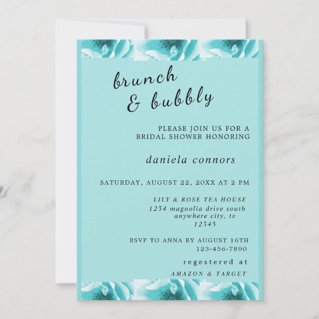 Convites Abstrato Blue & White Florals Brunch & Bubble (Frente)