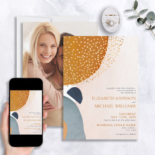 Convites Abstrato Blush Blue Terracotta Foto Casamento