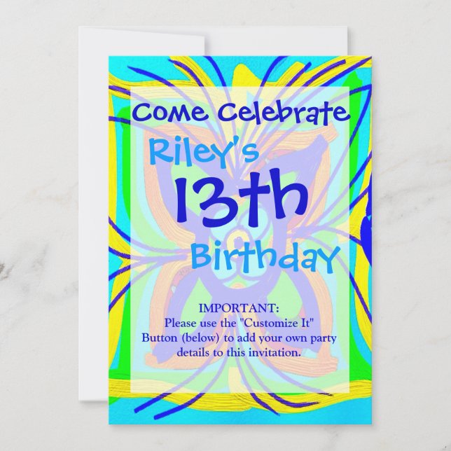 Convites Abstrato Butterfly Flower Kids Doodle Teal Limão (Frente)