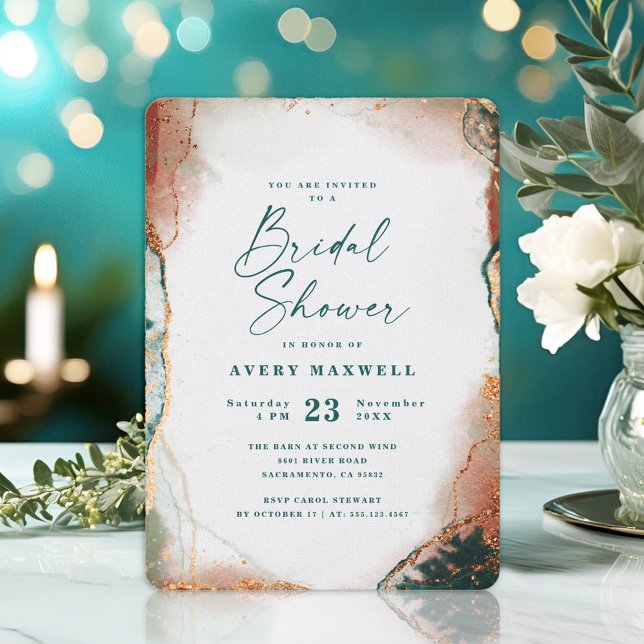 Convites Abstrato Dark Teal & Copper Fall Chá de panela (A chic invitation featuring a blend of teal and copper, perfect for celebrating a bridal shower.)