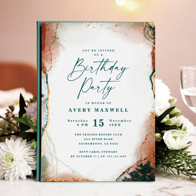 Convites Abstrato Dark Teal e Festa de aniversário de Cobre (Modern teal and copper birthday party invitation with abstract design.)