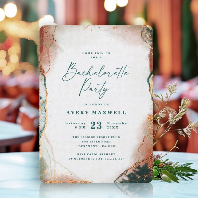 Convites Abstrato Dark Teal e Festa de solteira de Cobre (A chic invitation featuring a dark teal background with copper accents.)