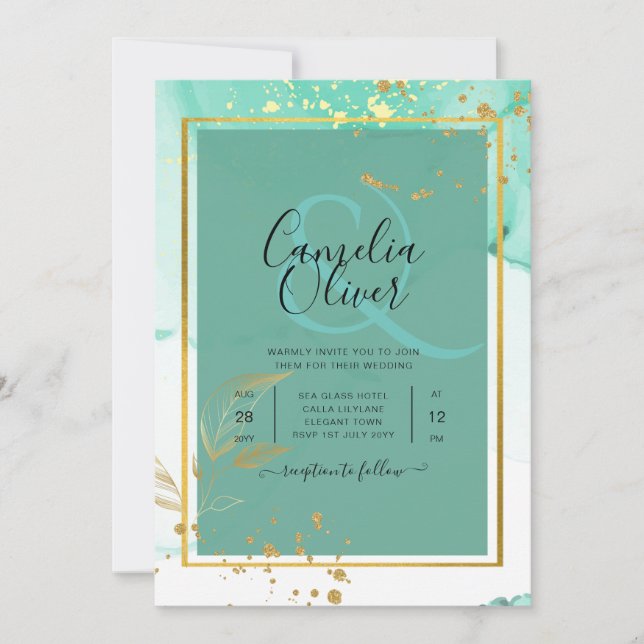 Convites Abstrato de Álcool de Mint Green Dourado WEDDING (Frente)