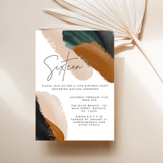 Convites Abstrato de aquarela verde terracotta 16º Aniversá (Criador carregado)