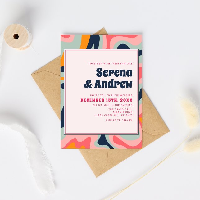 Convites Abstrato de penteado rosa retro 70s Pastel (Criador carregado)