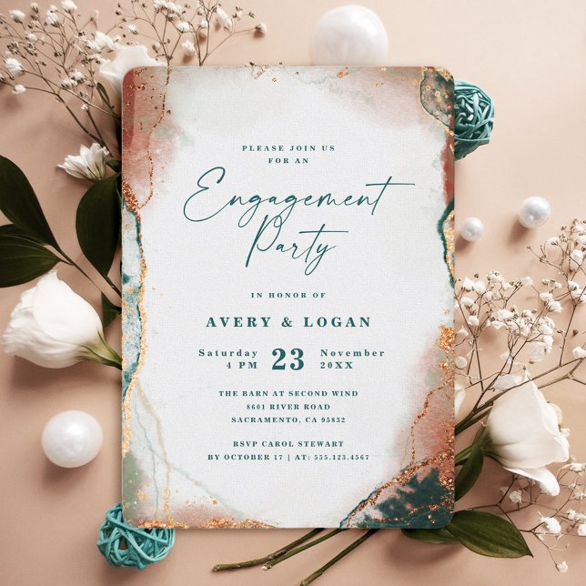 Convites Abstrato Eetéreo, Festa de noivado de cobre (Teal and Copper Engagement Party Invitation)
