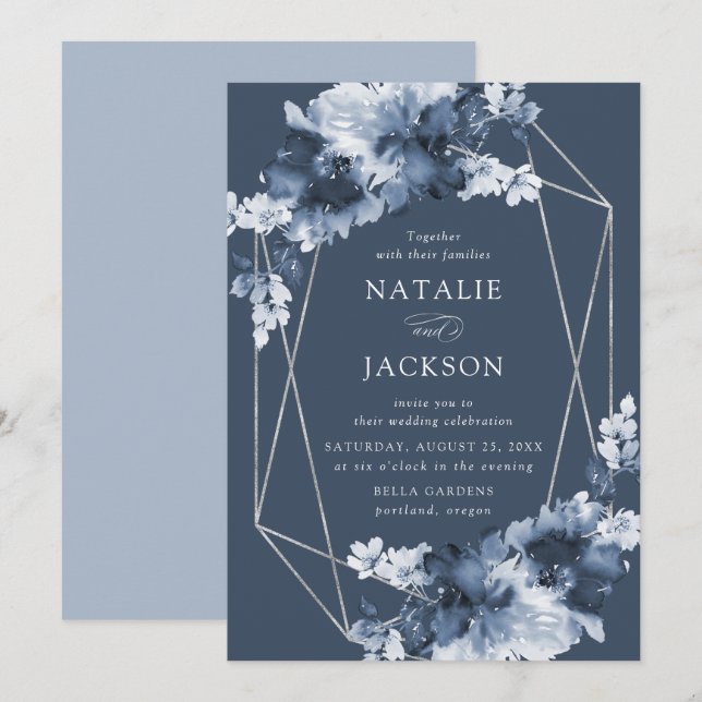 Convites Abstrato Indigo Floral | Casamento Geométrico (Frente/Verso)