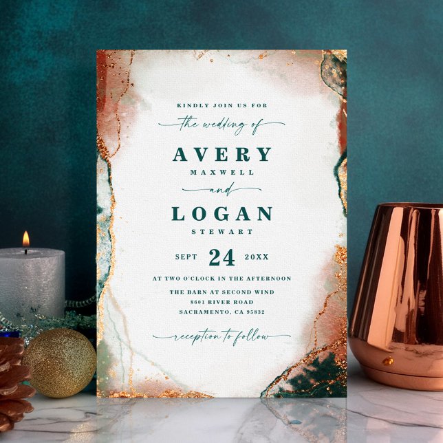 Convites Abstrato moderno de cobre e Casamento outono Doura (Teal and Copper Abstract Wedding Invitation)
