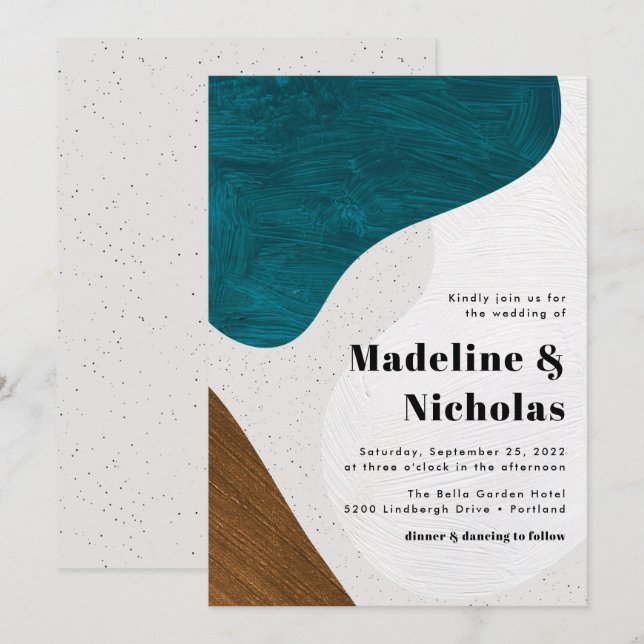 Convites Abstrato Moderno Formas Teal e Casamento Castanho (Frente/Verso)