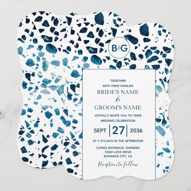 Convites Abstrato moderno Terrazzo Mosaic Blue Wedding Invi (Frente/Verso)