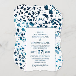 Convites Abstrato moderno Terrazzo Mosaic Blue Wedding Invi