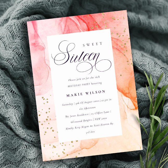 Convites Abstrato Pastel Cor de Laranja Rosa 16 Aniversário (Criador carregado)