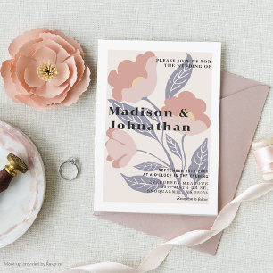 Convites Abstrato Retro Floral Cor-de-Rosa e Casamento Azul