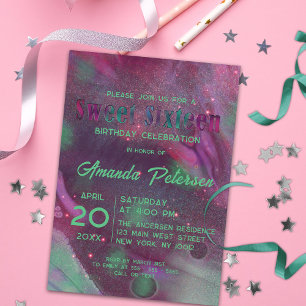 Convites Abstrato Sparkly Glam Magenta Green Sweet 16