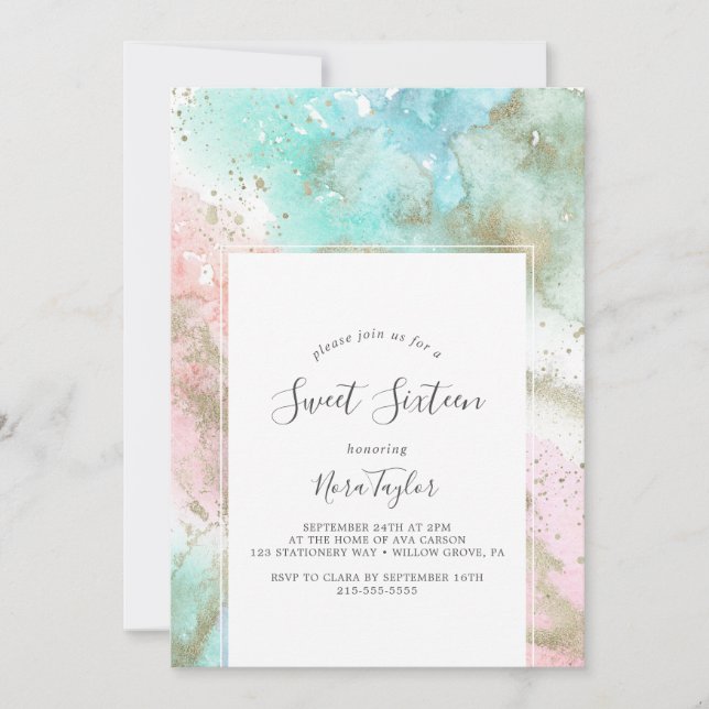 Convites Abstrato Summer Watercolor Doce Dezesseis Aniversá (Frente)