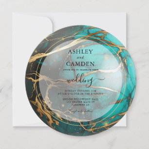 Convites Abstrato Teal e Casamento Celestial Dourado