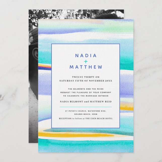 Convites Abstrato tropical maré aqua casamento amarelo (Frente/Verso)