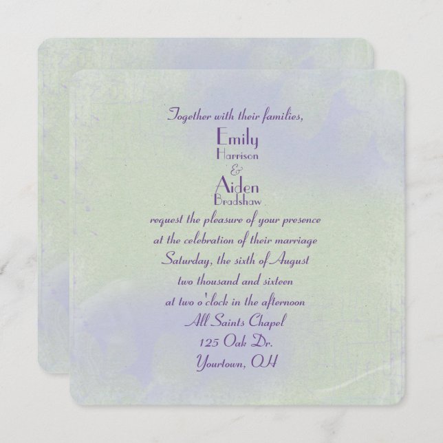 Convites abstrato verde floral e roxo (Frente/Verso)