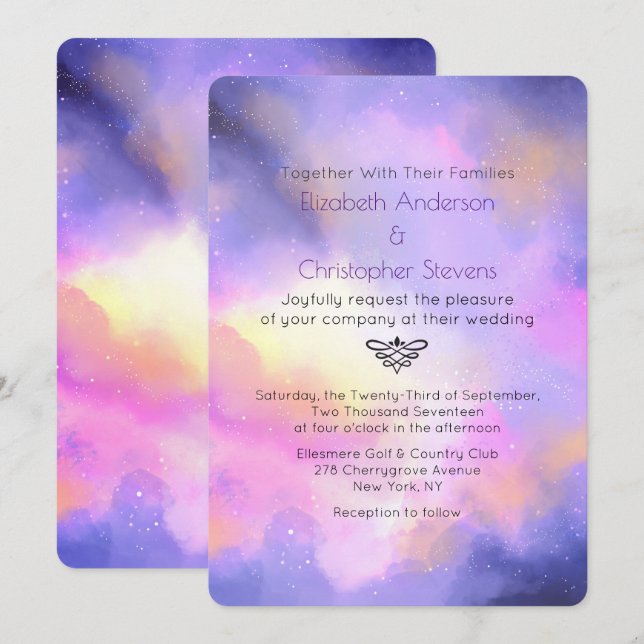 Convites Abstrato Watercolor - Casamento de Design Espacial (Frente/Verso)