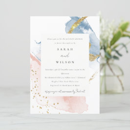 Convites Abstrato Watercolor Dourado Casal Azul Cor-de-Água