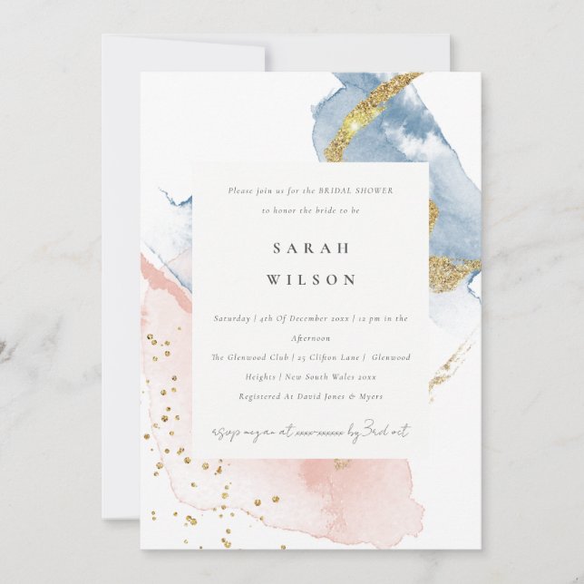 Convites Abstrato Watercolor Dourado, Chá de panela Azul Ro (Frente)