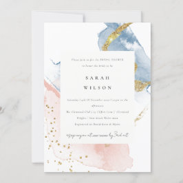 Convites Abstrato Watercolor Dourado, Chá de panela Azul Ro