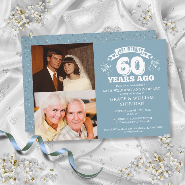 Convites Acaba de Casar 60º Aniversário de Casamento 2 Foto (Just Married 60th Wedding Anniversary 2 Photo Invitation)