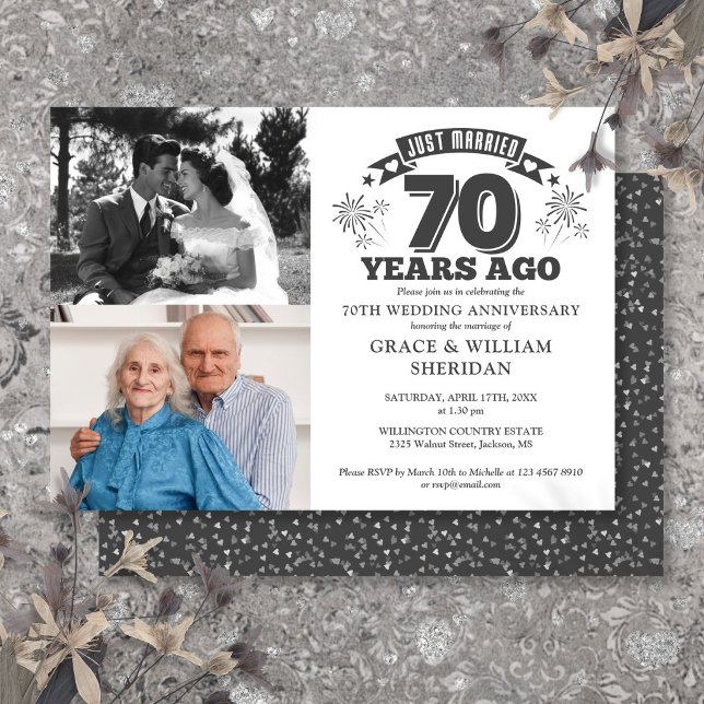 Convites Acaba de Casar Aniversário de 70 Anos de Casamento (Just Married 70th Wedding Anniversary 2 Photo Invitation)