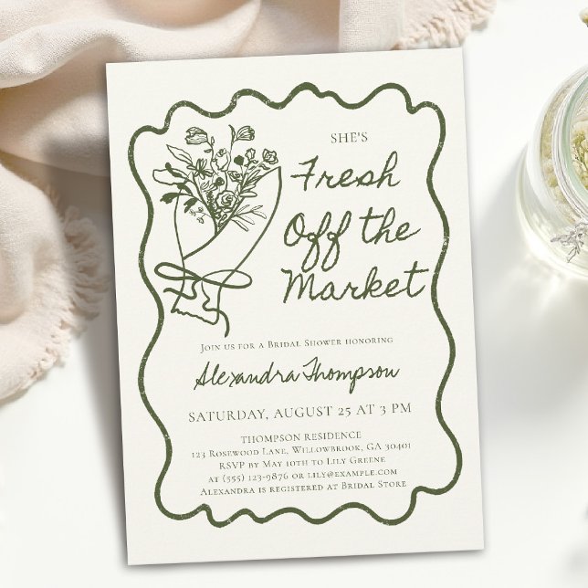 Convites Acabado de Chegar ao Mercado Conjunto de Desenho p (fresh off the market bridal shower invitation green hand drawn frame handwritten flower bouquet)