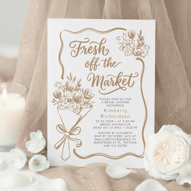 Convites Acabado de Chegar ao Mercado Divino Chá de Panela  (Light Brown Fresh Off The Market Hand Drawn Bridal Shower Invitations)