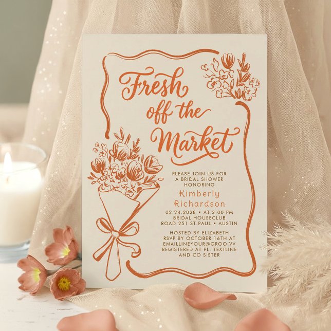 Convites Acabado de Sair do Mercado Chuveiro de Noiva em Te (Terracotta and Beige Boho Whimsical Hand Drawn Fall Bridal Shower Invitation Fresh Off The Market)