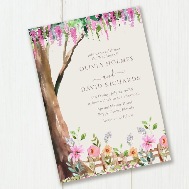 Convites Acácia em um Casamento de Campo de Flores Silvestr (Acacia on a Wildflower Field Wedding Invitation on wooden table.)