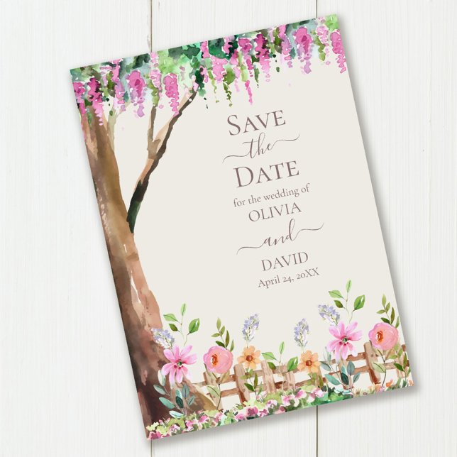 Convites Acacia on a Wildflower Field Save the Date Card (Acacia on a Wildflower Field Save the Date Card on wooden table.)