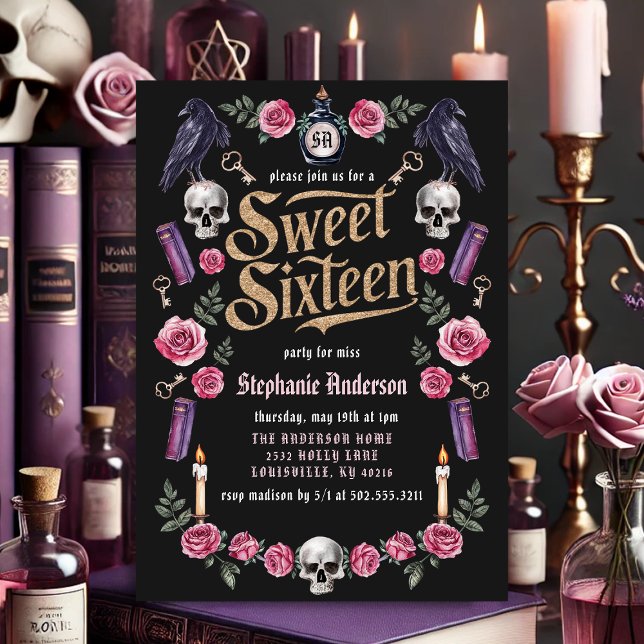 Convites Academia Sombria Dourada Floral Sweet 16 (Criador carregado)