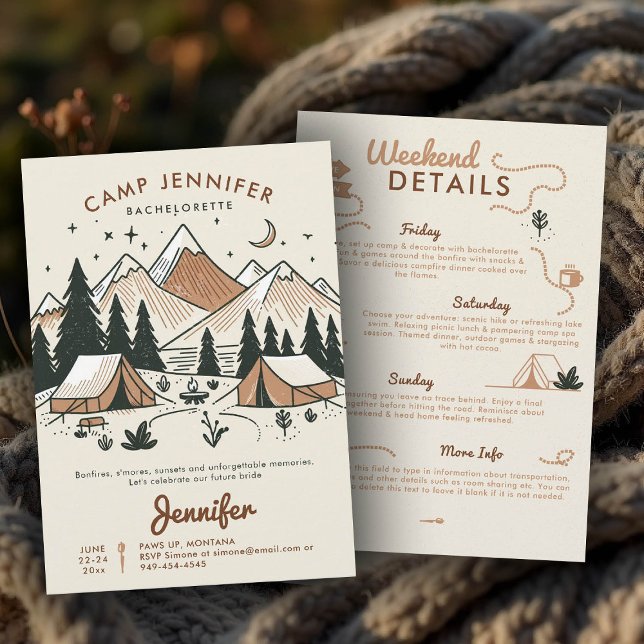 Convites Acampamento de acampamento com Festa de solteira d (camp bachelorette invitation itinerary earthy terracotta hand drawn bach camping glamping)