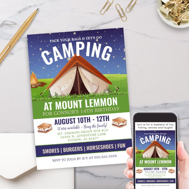 Convites Acampamento de Aventura Escamoteia Fora de Anivers (Camping Adventure Weekend Getaway Camp Out Invitation with Smores Starry Sky and Campfire)